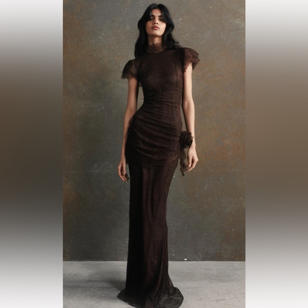 DE LA VALI SILENTIUM MAXI DRESS IN CHOCOLATE BROWN LACE - UK 14 / US 10